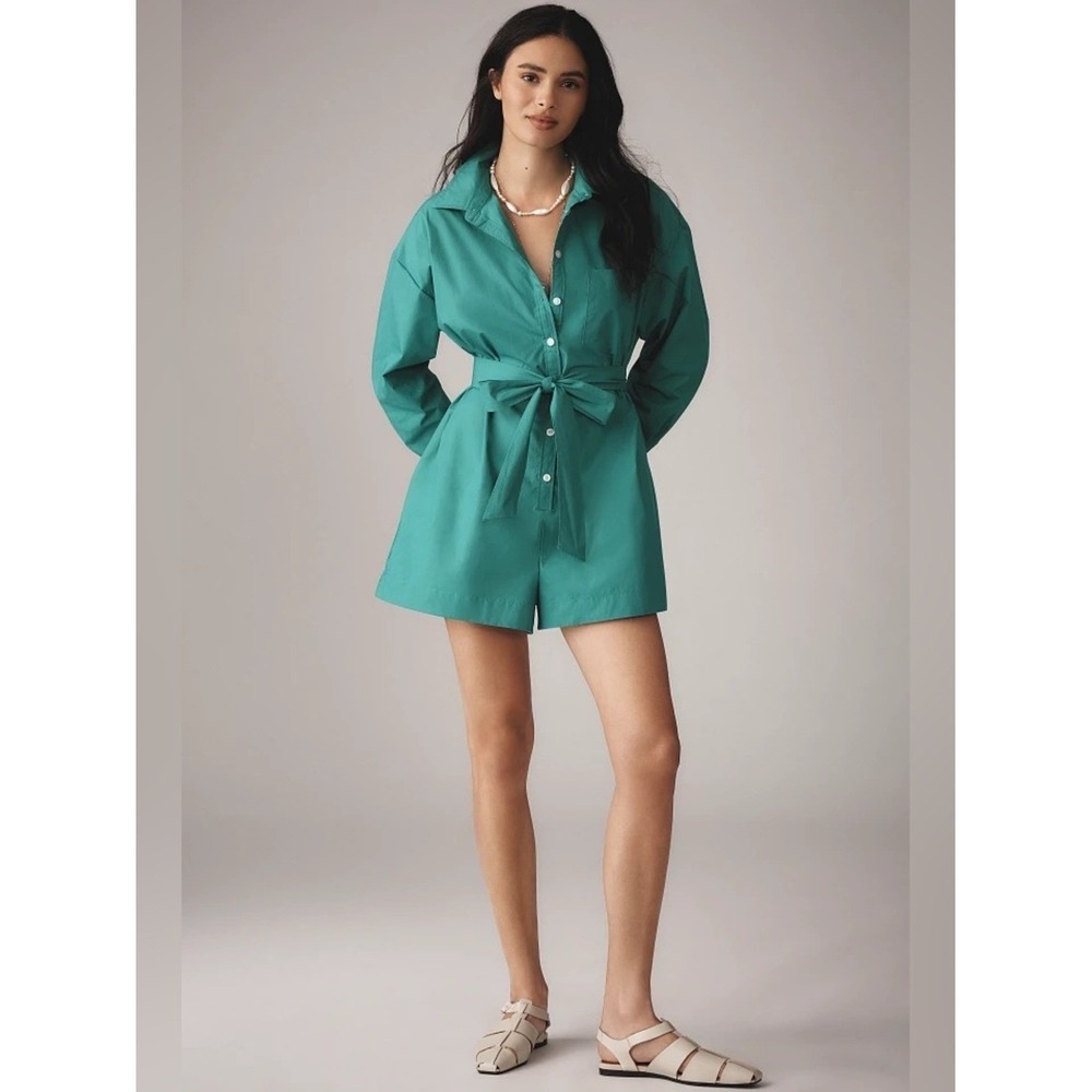Maeve Anthropologie Romper Bennet Small Green Button Down Belted Cotton Poplin